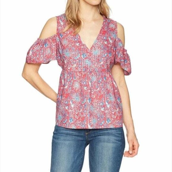 Lucky Brand Gorgeous Pink Flowy Cold Shoulder Floral Top Babydoll Style - Picture 1 of 10